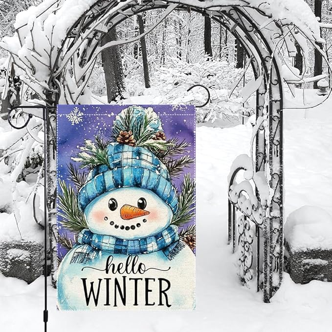 Hello Winter Snowman Garden Flag 12x18 Inch Double Sided Burlap Holiday Yard Decoration with Blue Knit Hat and Scarf Pinecone Snowflakes Outdoor Welcome Banner
