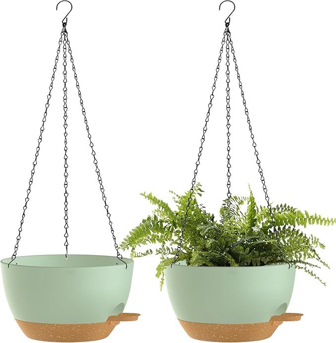 SQKH 12 Inch Hanging Baskets 2 PC with Chains, Self-Watering Hanging Planters for Indoor Outdoor Plants, Plastic Hanging Flower Pots,Green Brown