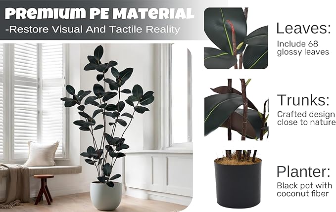 Artificial Rubber Tree 7FT with 68 Glossy Leaves & 10 Heads & Black Pot Cover with Coconut Fiber Realistic Tall Large Faux Tropical Ficus Elastica Plant 84 Inch for Indoor Home Modern Decor
