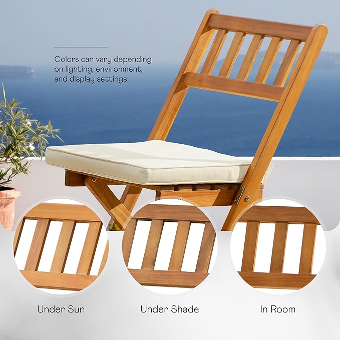 IDZO Serene Bistro Set – 2-Piece Foldable Acacia Wood Chairs with Cushions, FSC-Certified Durable Construction, Space-Saving Outdoor Seating for Balcony, Garden, Patio, or Porch
