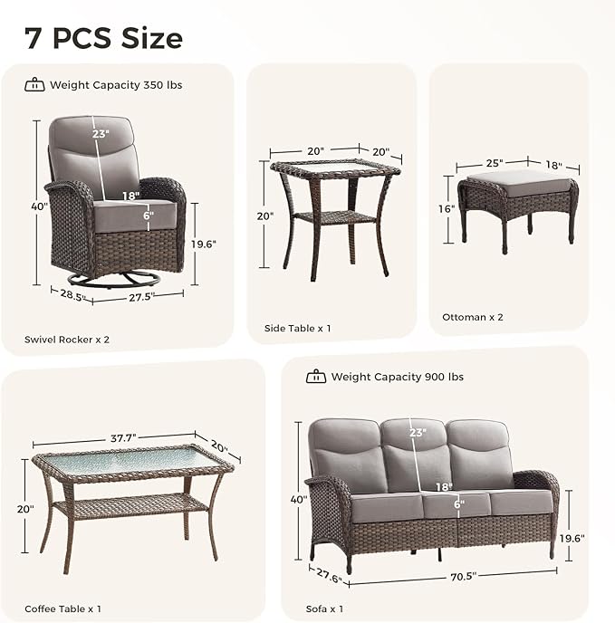 Luxury Patio Furniture Set with 6-inch Thick Cushions, Outdoor Furniture Set with High Back Swivel Chairs, 7 PCS Wicker Outdoor Conversation Set for Porch, Patio, Yard, Deck, Poolside, Brown/Beige