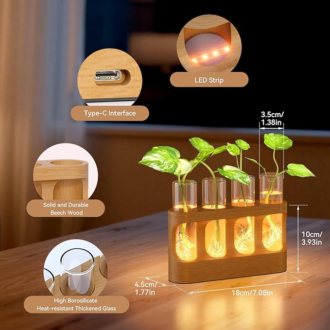 Giunn Plant Propagation Station with 9-Speed Adjustable LED Lights, Wooden Stand, 4 Glass Test Tubes for Hydroponic Plants, Unique Gift for Plant Lovers
