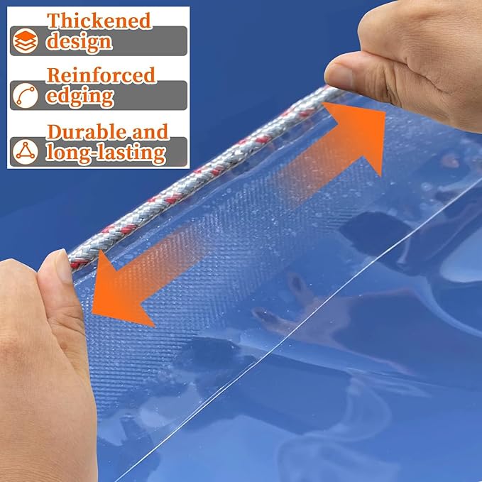 LC&QS 8x12ft Clear Tarp with Grommets, Upgraded Edge Heat Fused Tear Resistant Clear Heavy Duty Tarps, Clear Vinyl Tarps for Patio Fencing, Rain, Wind, Cold, Chicken Coops,and More（Windproof Rope）