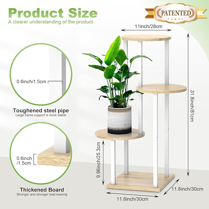 YOCOMEY Plant Stand Indoor, 4 Tier Thickened Metal Corner Plant Shelf for Multiple Plants, Indoor Plants Tiered Flower Pot Stand for Patio Garden Balcony Living Room Bedroom (White Oak)
