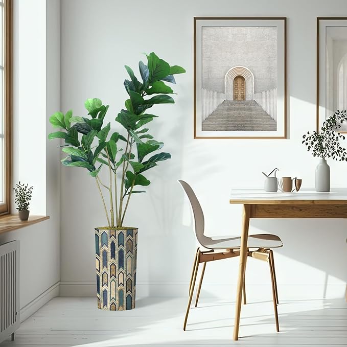 Artificial Tree in Modern Polygon Pattern Effect Planter, Fake Ficus Lyrata Silk Tree for Indoor and Outdoor Home Decoration - 66" Overall Tall (Plant Pot Plus Tree)