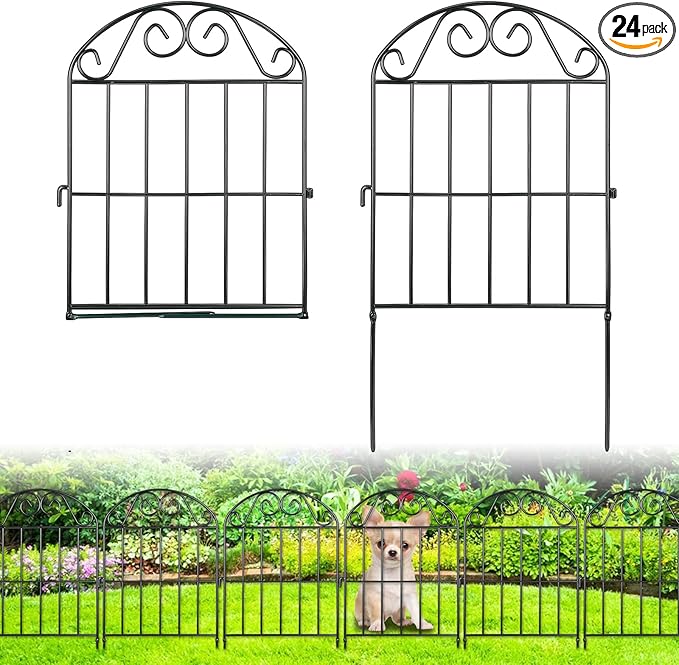 ADAVIN 24 Panels Collapsible Garden Fence Animal Barrier,26 Ft(L) x 24 in(H) Black Rustproof Metal Wire Panel Border for Dogs Rabbits, Flower Edging for Landscape Patio Yard Outdoor Decor, Arched