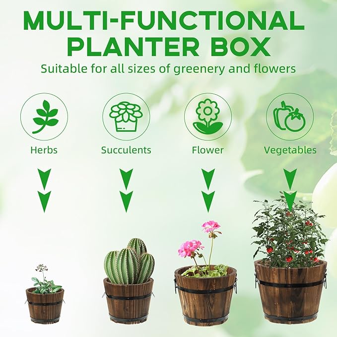 4 Pcs Wooden Whiskey Barrel Planters, Wooden Flower Planters Pots Boxes with Metal Handles 4 Sizes Planting Wood Buckets Christmas Tree Pot for Indoor Outdoor Garden Home Plants