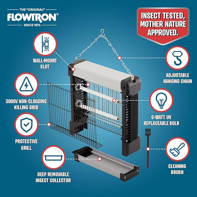Flowtron Indoor Bug Zapper: 3000V Electric Insect Killer & Mosquito Trap - 300 Sq Ft Coverage - 12W Dual UV Light Fly Zapper for Kitchen, Bedroom, RV & Restaurant - Safe Gnat & Moth Killer