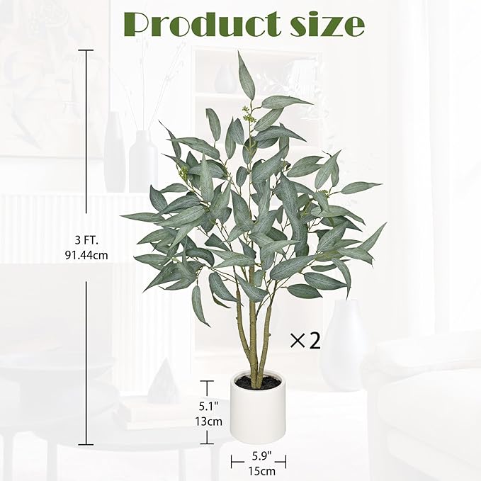 2 Packs Artificial Eucalyptus Tree in White Pot – 3FT Faux Indoor Plant for Home Décor, Modern Greenery for Living Room, Bedroom, Office – Realistic Silk Leaves, Minimalist Planter