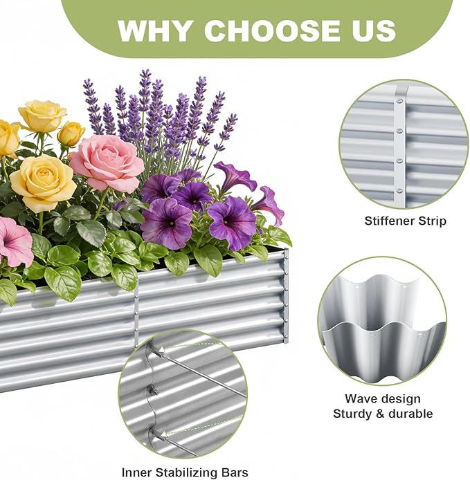 AHEONLAR 2 Pack 8×4×1.5ft Galvanized Raised Garden Beds Outdoor, Rectangle Sturdy and Durable Planter Boxes for Vegetables, Fruits, Flowers and Plants, Easy Assembly, Silver