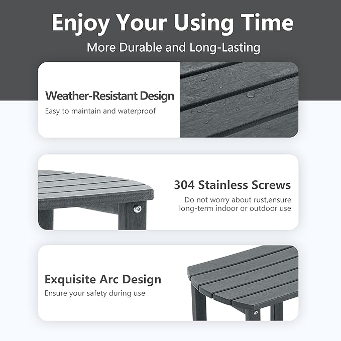 4 Chairs & 2 Tables Folding Adirondack Chair Set with Side Table – HDPE Weatherproof Outdoor Patio Chairs with Reclining Back and Cup Holders, 2-Tier Storage End Tables for Firepit Garden(Gray)