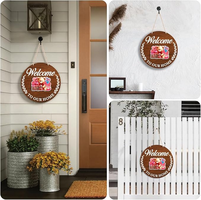 Interchangeable Seasonal Welcome Sign Valentine's Day Door Decoration, Rustic Round Wood Wreath Front Porch Decor, Welcome to Our Home Sign for Spring Summer Fall Winter All Seasons Holiday, Brown