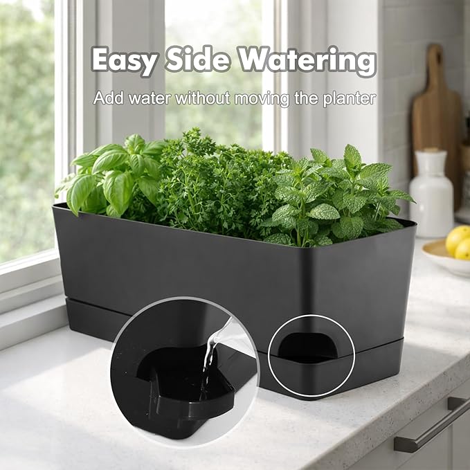 Party Zealot Self Watering Pots for Indoor Plants, 3 Pack Window Boxes Planters 17 Inch Rectangular Planter Rectangle Flower Pots Long Plant Pot Large Window Sill Herb Planter Box, Black
