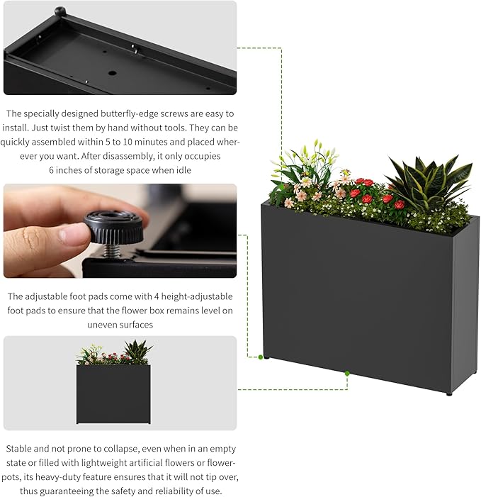 36" L x 12" W x 26" H Black Planter Box - Thickened Galvanized Steel with Weather-Resistant Coating, Heavy-Duty Raised Garden Bed for Outdoor Plants, Easy Assembly & Adjustable Feet