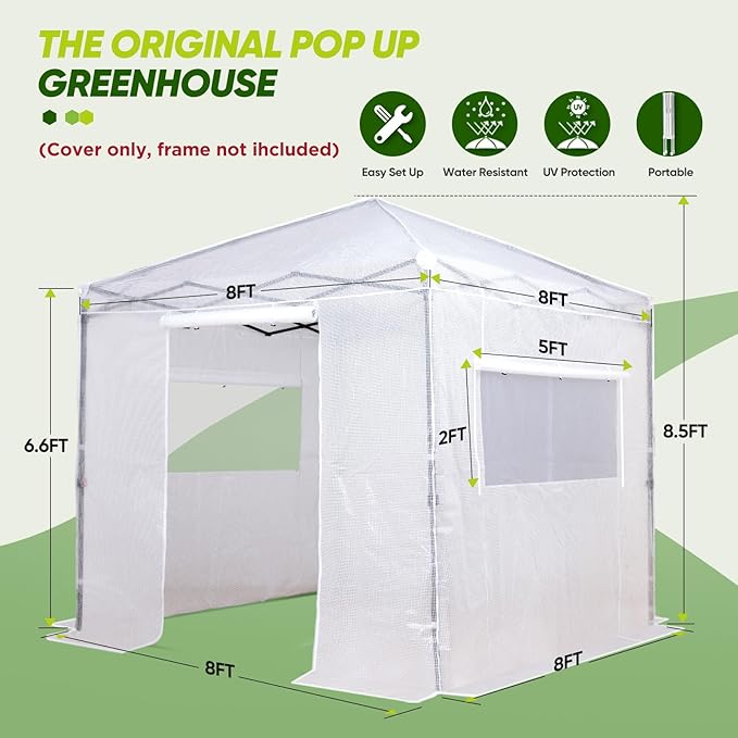 EAGLE PEAK Replacement Cover for 8x8 Portable Walk-in Pop up Greenhouse, Front and Rear Roll-Up Zipper Entry Doors and 2 Large Roll-Up Side Windows (Frame Not Included), White