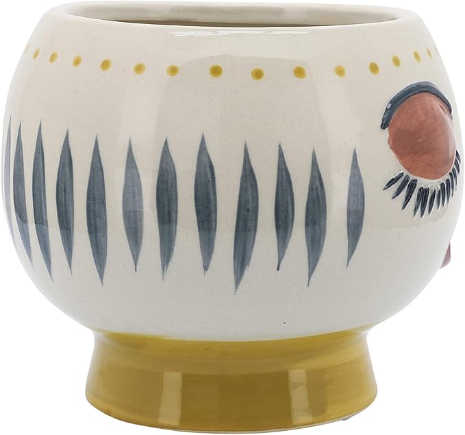 Stoneware Ceramic Planter Pot – Indoor Planter for Plants and Flowers, Shelf, Desk, or Patio Outdoor Decor, Art-Inspired Face Design for Modern Home Decor – 6", Ivory, Yellow, Blue Glaze