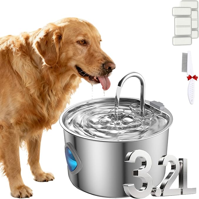 2026 New Dog Bowl, Dog Water Fountain, 3.2l Filtered Water Bowl, Stainless Steel Easy to Clean, Super Quiet Smart Watering Systems Quadruple Purification, Suitable for Dogs/Cats (1PC+2Filters)