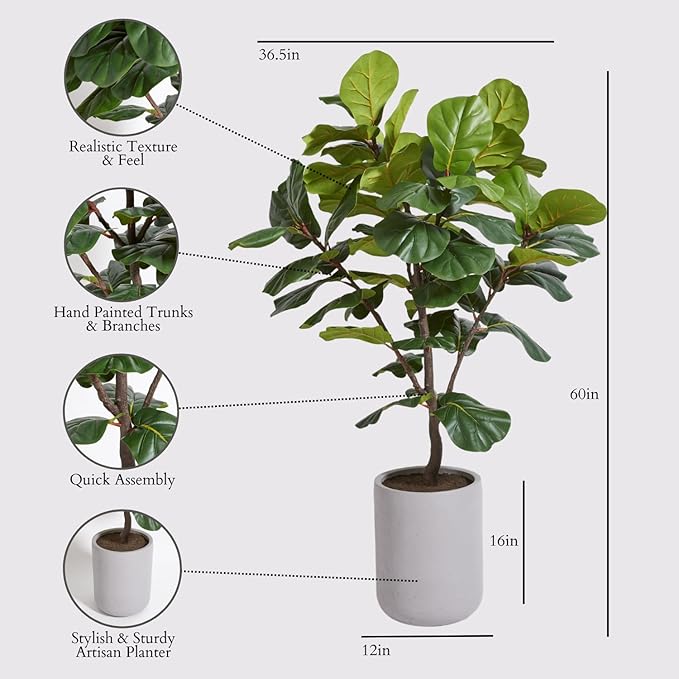 CG Hunter Faux Fiddle Leaf Fig Tree, Premium Artificial Indoor Plant Stands 5’ Tall, Lifelike-Leaves & Hand Painted Trunk Faux-Fiddle Leaf Fig Tree Appearance, Taupe Planter Pot Included