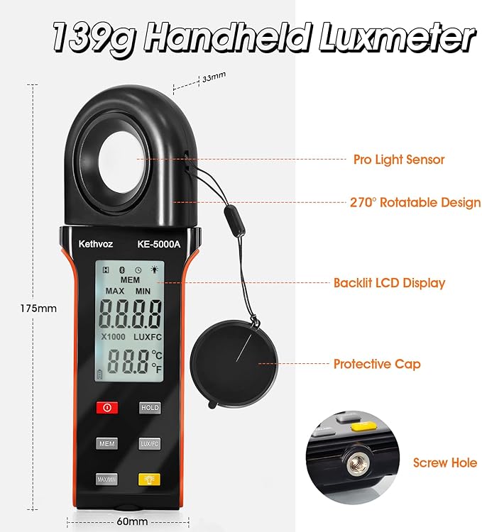 Kethvoz Digital Illuminance Light Meter, 400,000 Lux/FC Illuminance Tester with 270° Rotating Sensor, Data Logging, for Indoor Plants, Greenhouse, Grow Tent, Aquarium, Photography Lighting Measurement