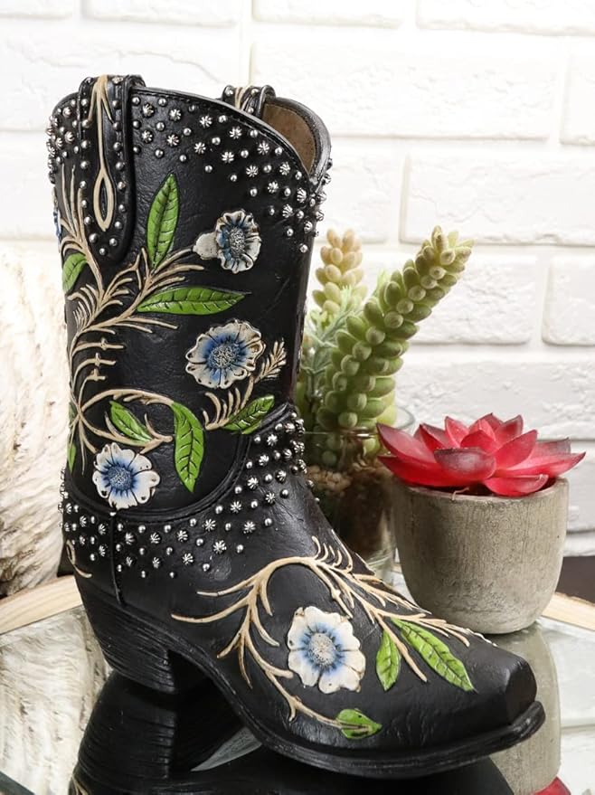 Ebros Gift Rustic Western Country Silver Studs with Midnight Floral Vine Blossoms Black Faux Tooled Leather Cowgirl Cowboy Boot Decorative Flower Bouquet Vase Or Planter Figurine 7" High
