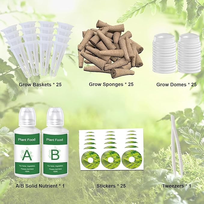 Seed Pod Kit for AeroGarden Growing System，Hydroponics Supplies with 25 Grow Sponges, 25 Grow Baskets, 25 Grow Domes, A&B Solid Nutrient Plant Food, 25 Labels and 1 Tweezer