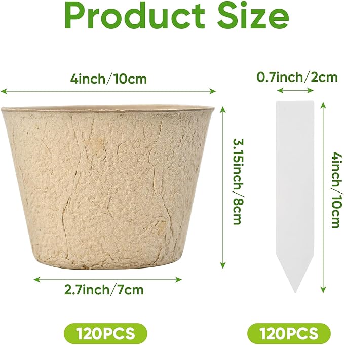 Jolliance 120 Pack 4” Peat Pots for Seeding with 120Pcs Plant Labels, Biodegradable Seed Starter Pots with Drainage Holes, Garden Germination Nursery Pots