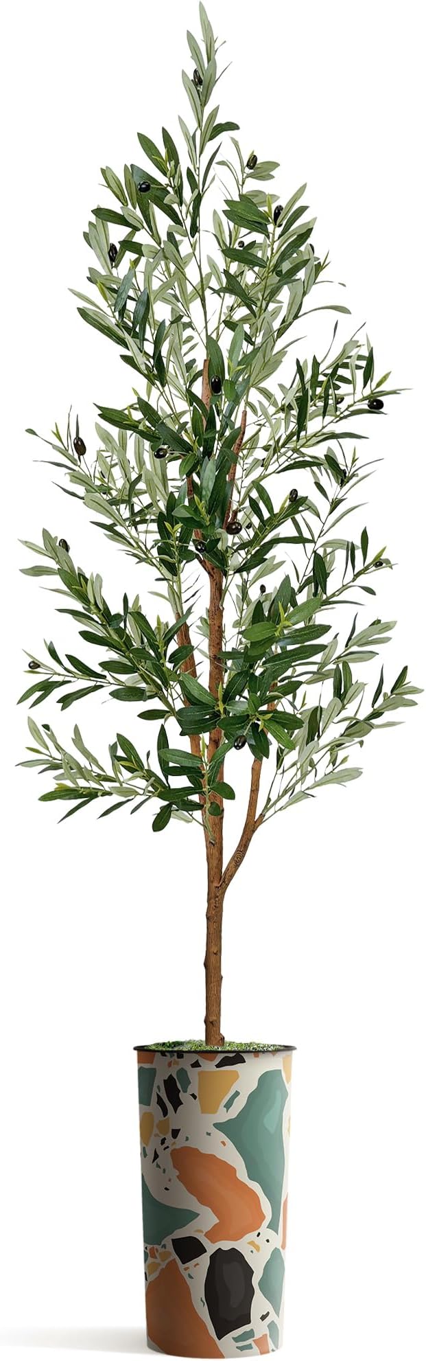 Artificial Tree in Modern Geometric Pattern Planter, Fake Olive Silk Tree for Indoor and Outdoor Home Decoration - 68" Overall Tall (Plant Pot Plus Tree)