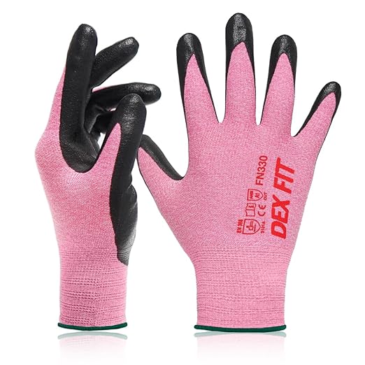 DEX FIT Nitrile Work Gloves FN330, 3D-Comfort Stretchy Fit, Firm Grip, Thin & Lightweight, Touch-Screen Compatible, Durable, Breathable & Cool, Machine Washable; Pink M (8)