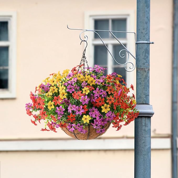 INQCMY Artificial Flowers Hanging Baskets for Outdoors Spring Decor, 12 Bundles Fake Plants Faux Silk Daisy with Eucalyptus Stem UV Resistant for Outside Patio Balcony Garden(4 Mix Colors)