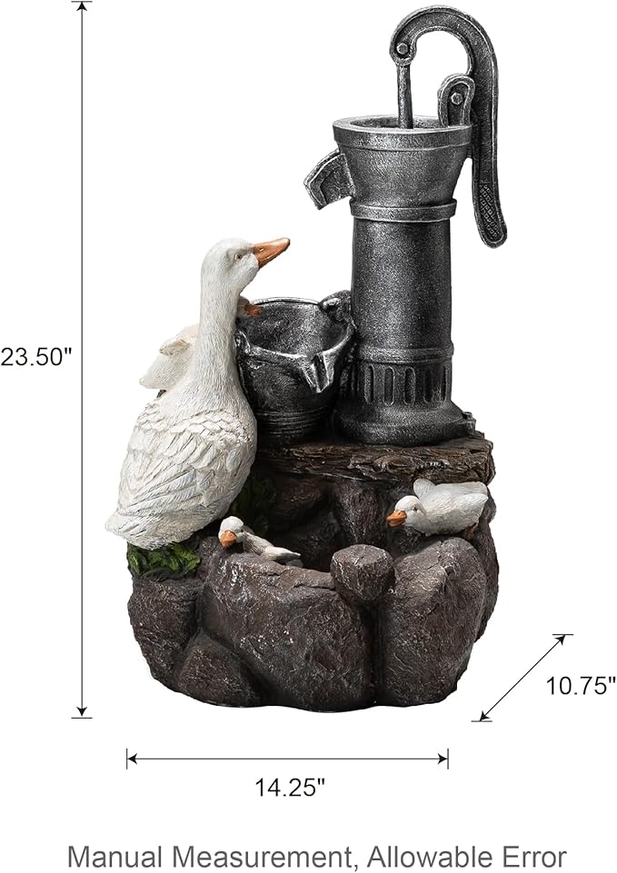 Glitzhome Cute Duck Family Playing Fountain Polyresin Outdoor Decoration with Pump and LED Light, 23.50" H