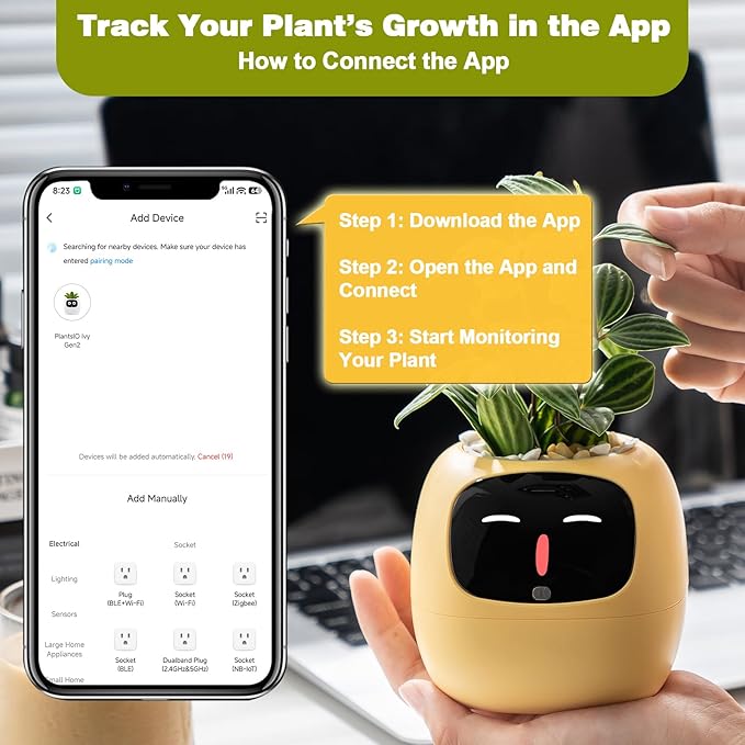 Plantsio AI Smart Pot for Plants with App Control, Self-Watering, Visual Display & 80ml Reservoir, Digital Plant Pot Supports 100+ Plants, Pomodoro Timer, Clock & Calendar,Desk & Office Planter-Yellow