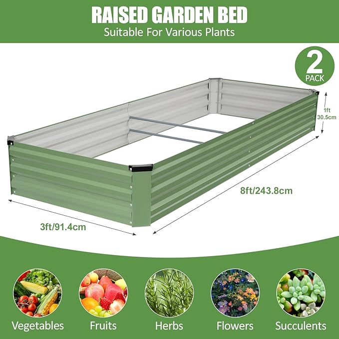 Galvanized Raised Garden Bed Outdoor | Metal Raised Garden Bed for Gardening 2Pack | Large Planter Box for Vegetables Flowers Fruits | Easy Assembly & Safety Design Flower Beds 8x3x1ft Olive Green