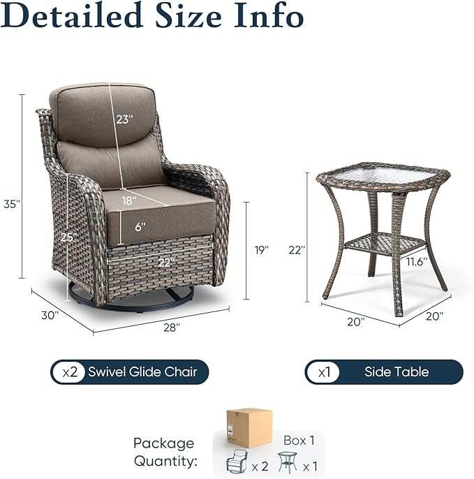 Belord Luxury 6" Thick Cushioned Outdoor Swivel Rocker Patio Chairs with Side Table, High Back Wicker Furniture Set with Ergonomic Zone Back, Conversation Glider Set for Deck Porch - Grey+Grey