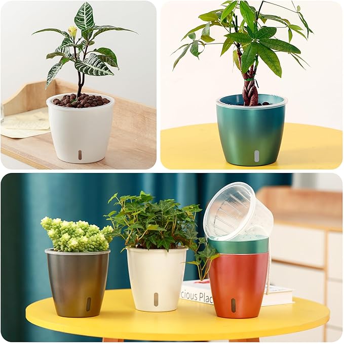 KvyusFlourish Self Watering Pots for Indoor Plants, 8-Pack 5'' Self Watering Planter with Drainage Holes, Small African Violet Pots with Water Level Indicator, Clear Wick Pot, White/Black