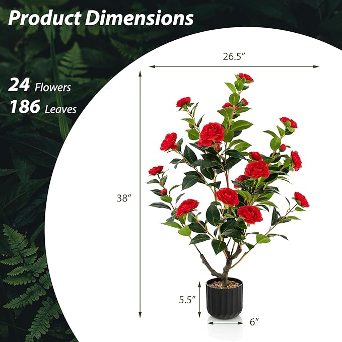 Goplus 38’’ Artificial Camellia Tree, 2 Pack Flower Plants Artificial Tree, Faux Floral Plant Blooming Tree in Cement Pot, Greenery Potted Plant for Indoor Outdoor Office Home Porch Decor