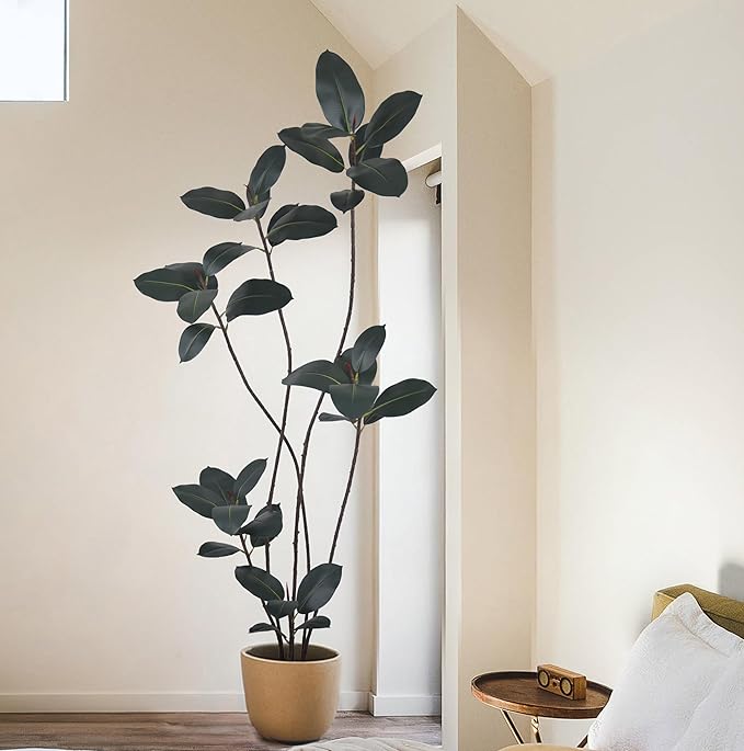 Artificial Rubber Tree 7FT with 40 Glossy Leaves & 6 Heads & Black Pot Realistic Tall Large Faux Tropical Lifelike Ficus Elastica Plant 84 Inch for Indoor Home Office Corner Modern Decor