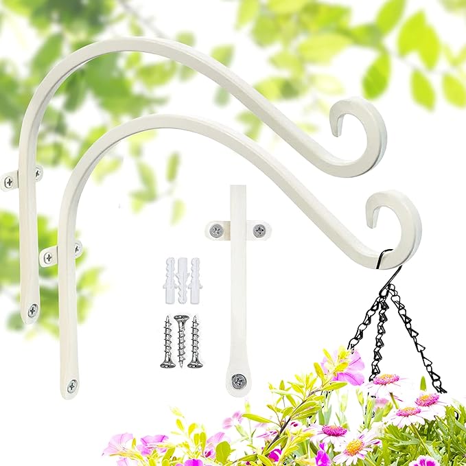 Lifyzoon Hanging Plant Brackets Outdoor: 2Packs 12-Inch Hanging Plant Hangers Wall Hooks, 30lbs Weight Capacity - Wall Mount Brackets for Bird Feeder, Flower Baskets, White