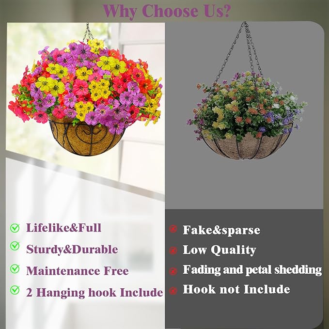 YYTDDUUU Artificial Hanging Flowers Plants 2 Set,Faux Flowers Basket for Outdoor Porch Decor,Fake Silk UV Sun Resistant Colorful Life-Like Hanging Daisy for Garden Balcony Yard Dector