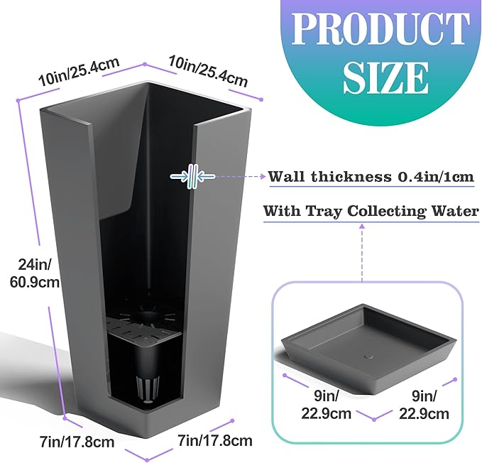 TUYOHW 24 Inch Tall Tapered Square Planters (Set of 2) - Indoor Outdoor Large Flower Pots with Built-in Drainage & Matching Water Tray for Patio, Garden, Home - Gray