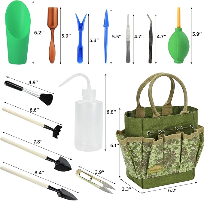 Permade Succulent Tools Kit with Organizer Bag- 13Pcs Indoor Gardening Tools |Mini Succulent Hand Tools with Tote, Succulent Transplanting Supplies, Present for Gardeners Plant Care (Honeysuck)