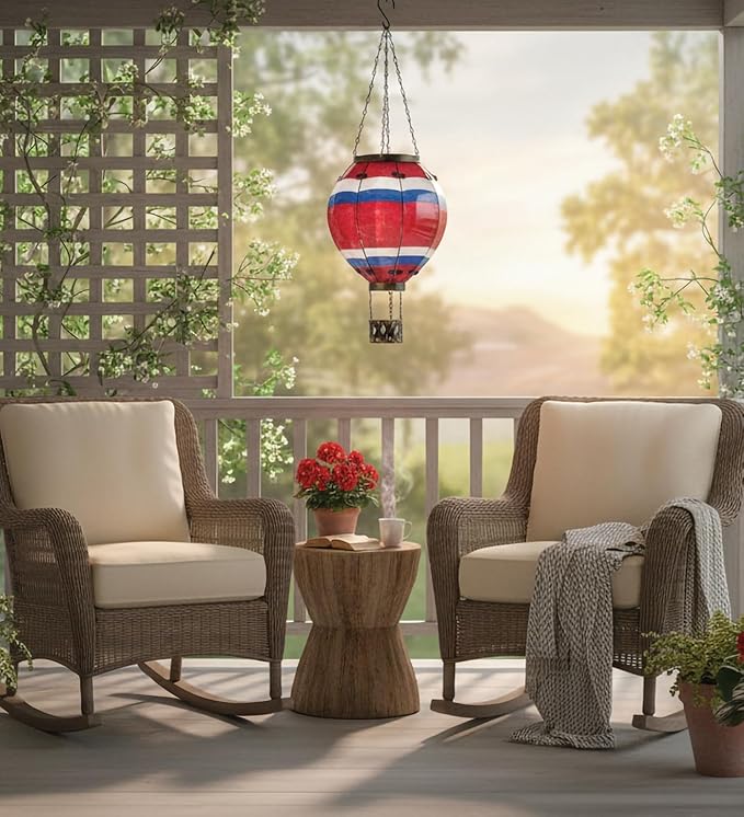 Regal Art & Gift Hot Air Balloon Solar Lantern – Hanging Solar-Powered LED Lights, Waterproof Portable Decorative Outdoor Lamp Made of Metal & Glass for Garden, Patios & Pathway – Stripe (Large)
