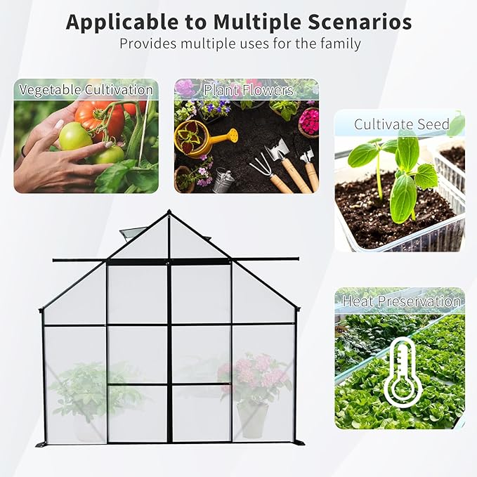 Favfurish 8X10 FT Greenhouses for Outdoors,Double Sliding Door Polycarbonate Greenhouse,Heavy Duty Walk-in Garden Plants Green House, Drainage System & Galvanized Frame for Outside Backyard, Black