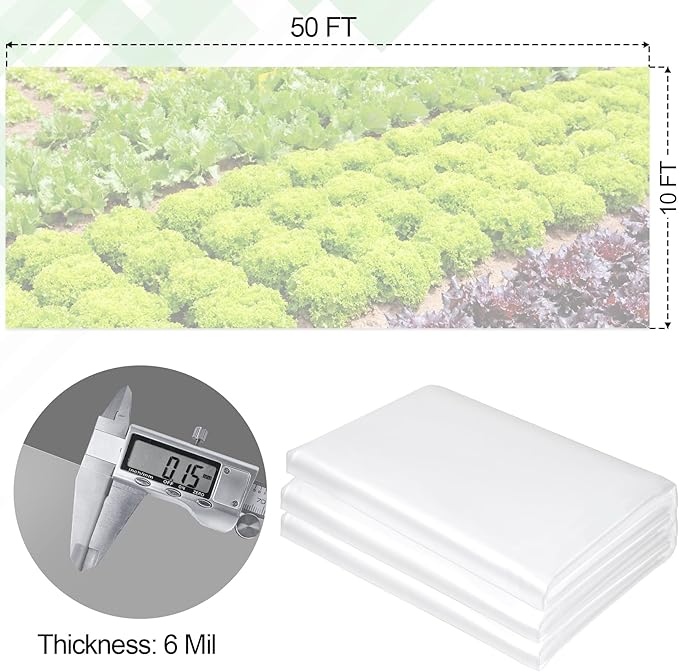 10 x 50 FT Clear Greenhouse Plastic Sheeting, 6 Mil Polyethylene Film Heavy Duty, Water Sun Frost Wind Dust Resistant Winter Hoop House Toughness Plastic Cover for Farming, Gardening, Agriculture, DIY