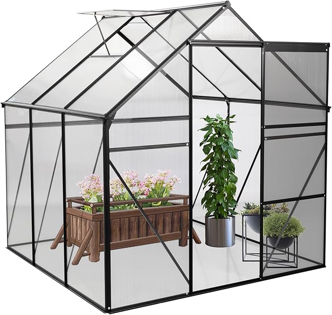 Favfurish 6x6 FT Polycarbonate Walk-in Greenhouse, All Season Garden Green Houses, Aluminum Hot House w/ Raised Base, Adjustable Vent Roof & Sliding Door for Outdoor Backyard, Black
