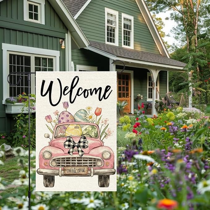 Welcome Easter Garden Flag 12x18 Inch Double Sided Burlap Pink Vintage Car Easter Eggs Flowers Buffalo Check Bow Outdoor Decor for Yard Patio Spring Decor