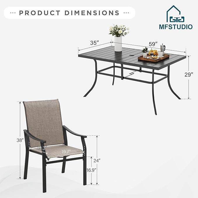 MFSTUDIO Patio Table and Chairs Set, 7 PCS Outdoor Dining Set with 6 Patio Dining Chair and 1 Heavy Duty Metal 59" Table for 6, All Weather Resistant Patio Furniture, Grey