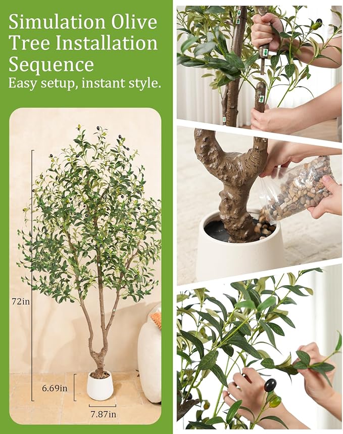 Sillaff Faux Plants Indoor, 6FT Fake Tree Large Artificial Tree Tall Faux Olive Tree with Pot, Nearly Natural Olive Branches and Fruits for Living Room Office Home Decor