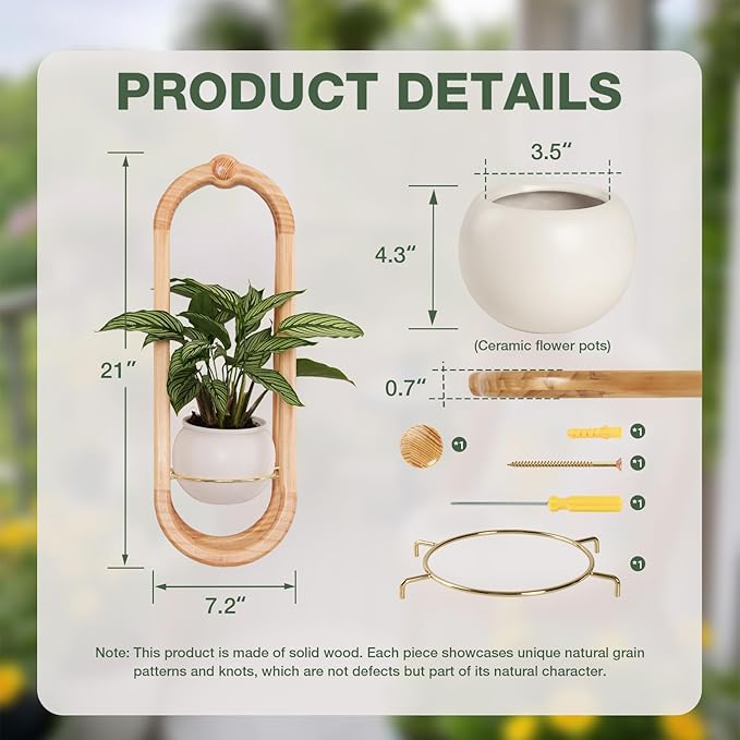 NEKL Wooden Wall Planters for Indoor with Ceramic Pot - Modern Hanging Plant stand Shelf for Indoor Plants, Wall Mounted Plant Holder for Living Room, Bedroom, Wall Decor - Raw Wood Color (Set of 1)