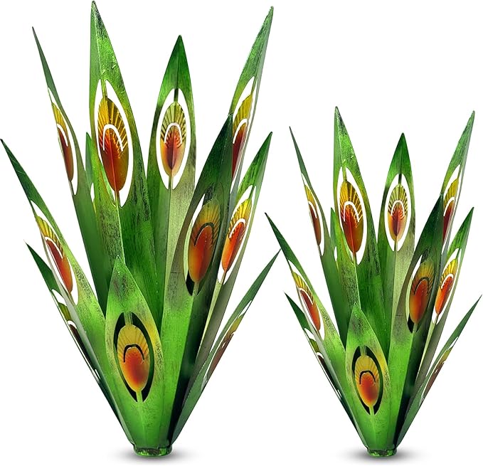 Jesokiibo Tequila Rustic Sculpture DIY Metal Agave Plant Home Decor Rustic Hand Painted Metal Agave Garden Ornaments Outdoor Decor Figurines Home Yard Decorations Stakes Lawn Ornaments (Green 2PCS)
