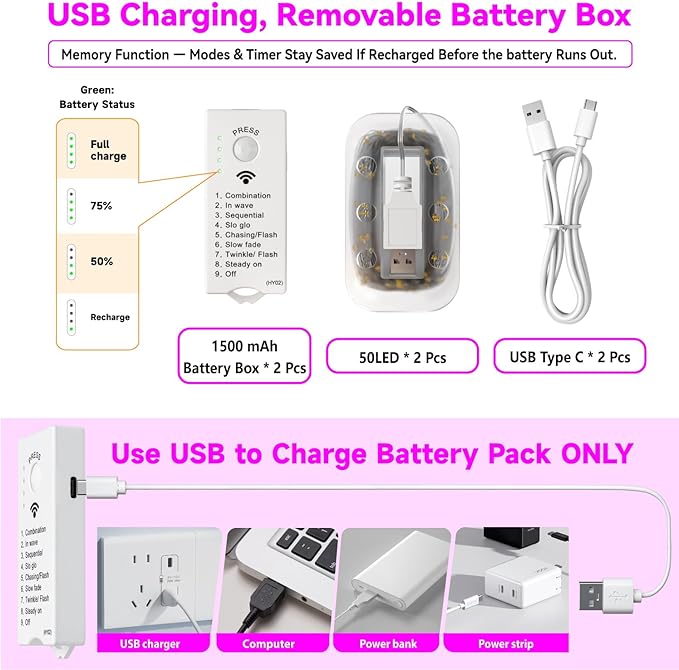 HXWEIYE Rechargeable Fairy Lights Battery Operated, DIY Timer & 8 Modes, 2 Pack 16FT 50LED Twinkle String Lights Indoor, Led mini Lights for Bedroom Wedding Dorm Christmas Tree Decor (Pink)